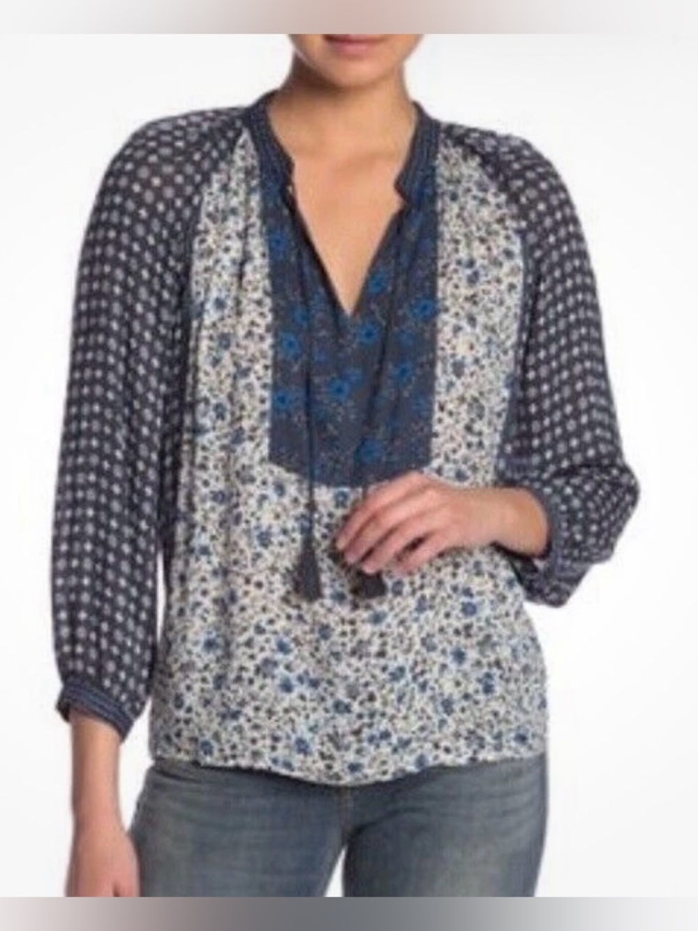 Lucky Brand Blue Mixed Floral Patchwork Tassel Tie Peasant Blouse M